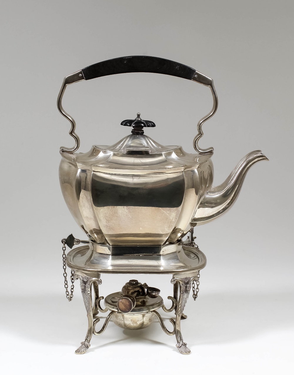 A George V silver rectangular tea kettle on stand with spirit lamp, the tea kettle with panelled