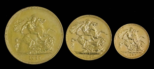 Three (of Set of Four) George VI 1937 gold Specimen coins - Five pounds, Two pounds and Sovereign (