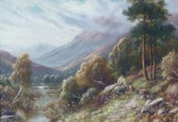R.J HAMMOND (TWENTIETH CENTURY) PAIR OF OIL PAINTINGS ON CANVAS Poacher and dog in hilly landscape