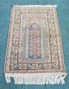 LADIK TURKISH SILKY PILE SMALL PRAYER RUG, having a flat prayer arch with three spines, traditional