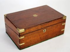 VICTORIAN MAHOGANY AND BRASS BOUND WRITING SLOPE, OF TYPICAL FORM WITH BRASS SHIELD SHAPED