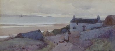 CARLETON GRANT (c.1860-1930)   WATERCOLOUR DRAWING  Coastal scene with maid feeding chickens  in