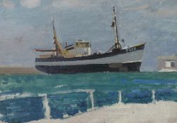 HARRY RUTHERFORD (1903-1985) OIL PAINTING ON BOARD  Cornish fishing boat PZ331 entering harbour