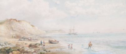 LATE NINETEENTH CENTURY (English School)  WATERCOLOUR DRAWING  Beach scene with figures and sailing