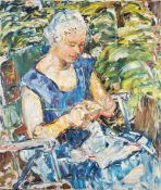 PEM SMITH IMPASTO OIL PAINTING ON CANVAS Portrait of a lady seated out-doors knitting signed lower