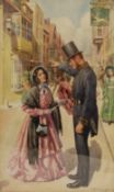 ENOCH FAIRHURST (1874 - 1945) WATERCOLOUR DRAWING Victorian street scene with lady asking