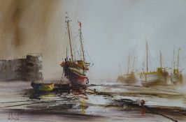 JOHN BAMPFIELD  OIL PAINTING ON CANVAS  Harbour scene at low tide with beached fishing fleet