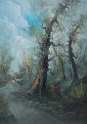 C. VALENTE OIL PAINTING ON CANVAS Tree lined country lane, with figures, sheep and dwelling in the