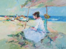 MONFORT (Twentieth century)  OIL PAINTING ON CANVAS Beach scene with lady beneath an awning  signed