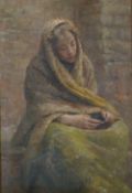 UNATTRIBUTED OIL PAINTING ON CANVAS Young beggar woman in shawl Unsigned 18 ½"" x 12 ¼"" (47cm x
