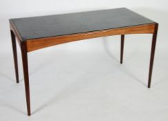 1970`s SOREN WILLADSEN, DANISH ROSEWOOD WRITING DESK OR DRESSING TABLE, the oblong top with black