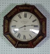 PHILLIPS, LONDON, REGENCY FIGURED MAHOGANY AND BRASS INLAID WALL CLOCK, the 12"" enamelled roman