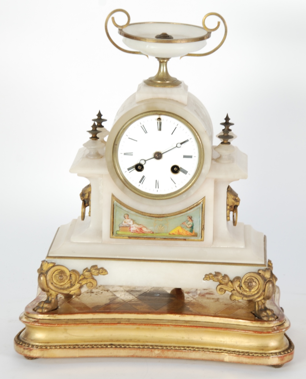 LATE NINETEENTH CENTURY, FRENCH GILT METAL MOUNTED  ALABASTER MANTEL CLOCK, the 3 1/2"" enamelled