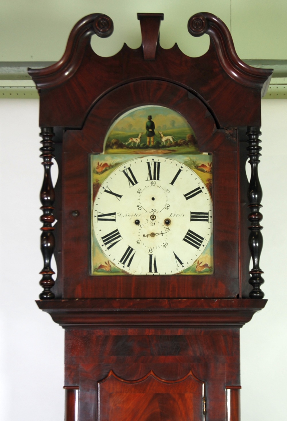 EARLY VICTORIAN FLAME CUT MAHOGANY LONGCASE CLOCK, faintly signed J. Naylow, Leeds, the 14""