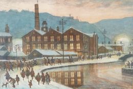 LLOYD GEORGE HIGGINS WATERCOLOUR DRAWING  Lancashire mill town under snow  with figures leaving a