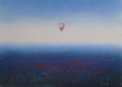 ?MARC GRIMSHAW (b. 1957) PASTEL DRAWING Hot-air balloon over a field of poppies Signed lower right