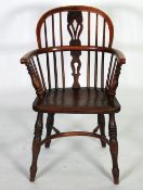 NINETEENTH CENTURY ELM AND FRUITWOOD LOW BACK WINDSOR OPEN ARMCHAIR, the two part spindled back