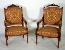 PAIR OF LATE NINETEENTH/TWENTIETH CENTURY CONTINENTAL CARVED WALNUTWOOD FAUTEUILS with square,
