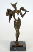 MODERN DALIESQUE PATINATED BRONZE WINGED FEMALE FIGURE, modelled standing in a stylised pose, on a