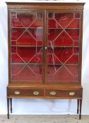 EDWARDIAN MAHOGANY DISPLAY CABINET ON STAND, the moulded cornice above a pair of thirteen panel