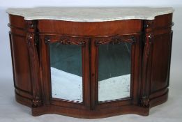 VICTORIAN MARBLE TOPPED CARVED ROSEWOOD CHIFFONIER,  the moulded white veined marble top of