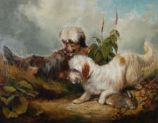 THOMAS WILLIAM EARL (act. 1836-1885) OIL PAINTING ON CANVAS Two Skye Terriers with a hare, in