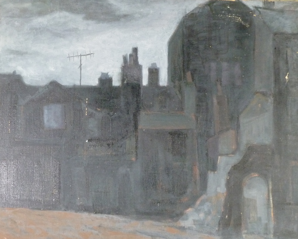 NORMAN JAQUES (1922 - 2014) OIL PAINTING ON CANVAS `Back of Oxford Street, Manchester` signed and