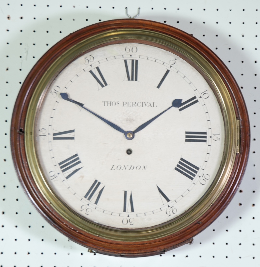 THOMAS PERCIVAL, LONDON MAHOGANY WALL CLOCK, the 14"" enamelled dial, powered by a single fusee