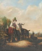 MANNER OF WILLIAM SHAYER SENIOR  OIL PAINTING ON CANVAS LAID DOWN  `Goatherd` 11"" x 9 1/4"" (28cm