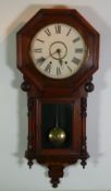 LATE 19th CENTURY MARQUETRY INLAID WALNUT DROP DIAL WALL CLOCK, the 12"" painted Roman dial powered
