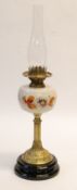 VICTORIAN BRASS AND PAINTED GLASS OIL TABLE LAMP, with fluted column, floral painted opaque white