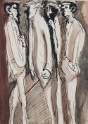 ?JOHN THOMPSON (1924-2011) PEN AND SEPIA WASH DRAWING Group of four men Signed and dated (19)92