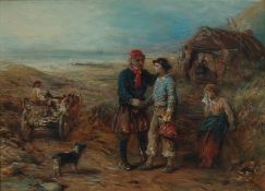 JOHN WHITEHEAD OIL PAINTING ON PANEL Fisher folk being consoled Initialled and dated 1894?,