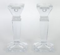 PAIR OF ART DECO STYLE HEAVY MOULDED GLASS CANDLESTICKS, square with tapering stems, 10"" (25.4cm)