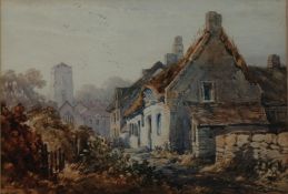 ATTRIBUTED TO J. CROME (1768-1821) WATER COLOUR DRAWING Village scene with cottages and church in