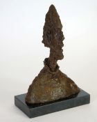 MODERN MODIGLIANIESQUE PATINATED BRONZE  MALE PORTRAIT BUST,on an oblong black veined marble base,