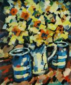 OLIVIA PILLING (TWENTIETH CENTURY) OIL ON BOARD ""Daffodils and Blue Pots"" Initialled 23 ¼"" x