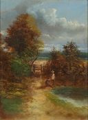 EARLY TWENTIETH CENTURY OIL PAINTING ON BOARD Landscape with tree lined stream Indistincly