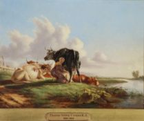 ATTRIBUTED TO T.S. COOPER  OIL PAINTING ON PANEL  Milkmaid with cattle on a riverbank  8 1/2"" x 11