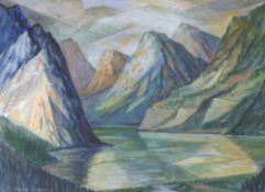 NORMAN JAQUES (1922 - 2014) GOUACHE DRAWING ON PAPER `Lake in the Rockies, U.S.A.` signed and dated
