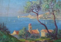 G. WALTERS (TWENTIETH CENTURY) OIL ON BOARD Mediterranian seascape with church in the foreground