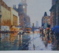 BOB RICHARDSON TWO ARTIST SIGNED LIMITED EDITION COLOUR PRINTS Rainy street scenes in Manchester,