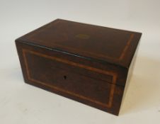 A LATE 19TH CENTURY BIRDSEYE MAPLE VENEERED SEWING BOX, with crossband inlay, central brass