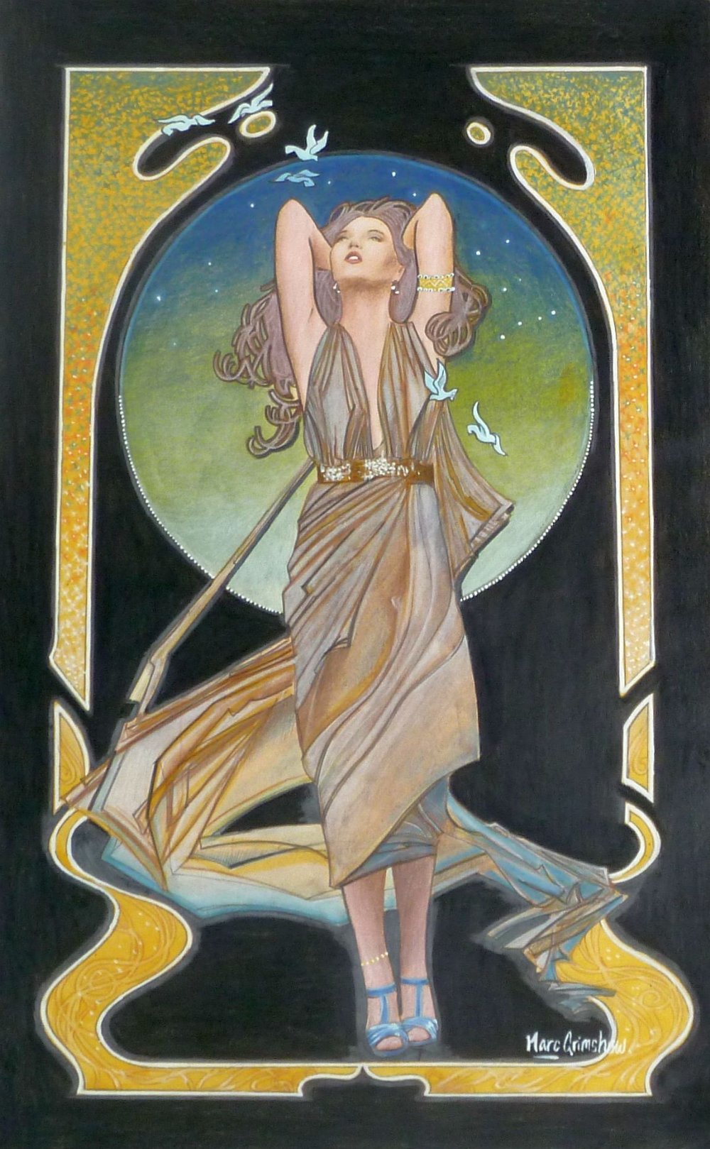 ?MARC GRIMSHAW (b. 1957) MIXED MEDIA, A PAIR Each a glamorous female figure, in an Art Nouveau