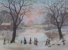 HELEN BRADLEY (1900-1979) ARTIST SIGNED COLOUR PRINT Figures in a Winter Landscape Signed, guild