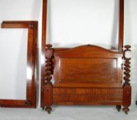 VICTORIAN FIGURED MAHOGANY HALF TESTER BED, the moulded, flat fronted canopy with turned finials to