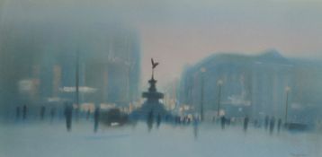 ?MARC GRIMSHAW (b. 1957) PASTEL DRAWING `Piccadilly Square, London` Signed lower right 10"" x 20 1/
