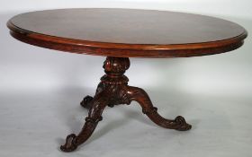 GOOD QUALITY VICTORIAN CARVED AND BURR WALNUTWOOD TILT TOP BREAKFAST TABLE,  the oval quarter cut