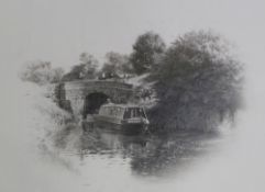 ?MARC GRIMSHAW (b. 1957) PENCIL DRAWING `Marple Canal` with the narrow boat `Dorothy Grace` exiting