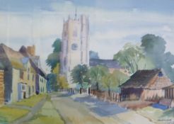 JOHN HENSHALL  WATERCOLOUR DRAWING Rural village scene with church Signed 12 1/2"" x 17 1/2"" (32 x
